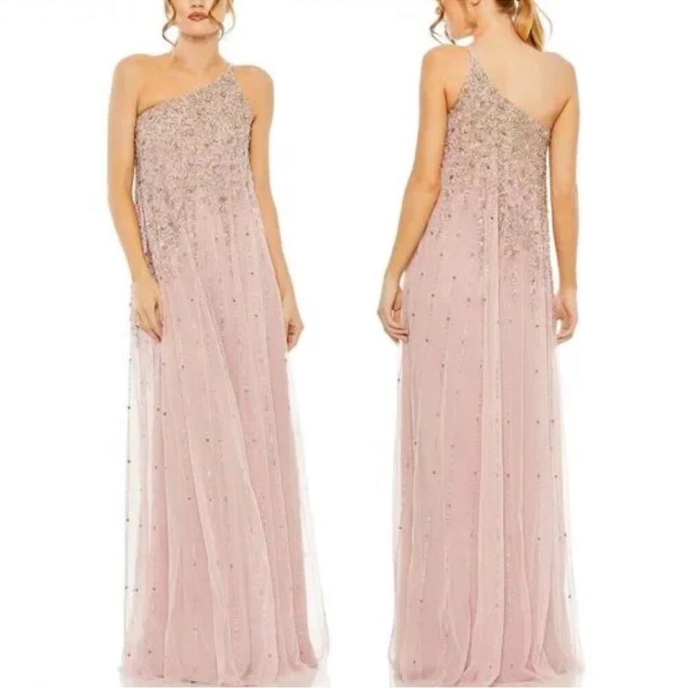 $598 Mac Duggal 9224 Womens Light Pink Gold One Shoulder Trapeze Gown Maxi Dress